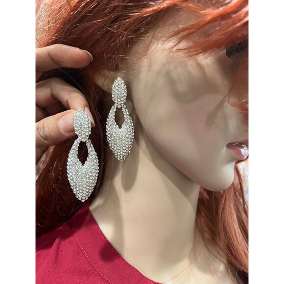 rhinestone earrings clear silver crystal wedding long drop long sparkle earring - Picture 2 of 7